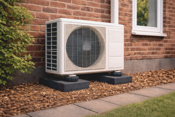 Airco buitenunit op rustige plek in achtertuin zonder trillingen tegen gevel